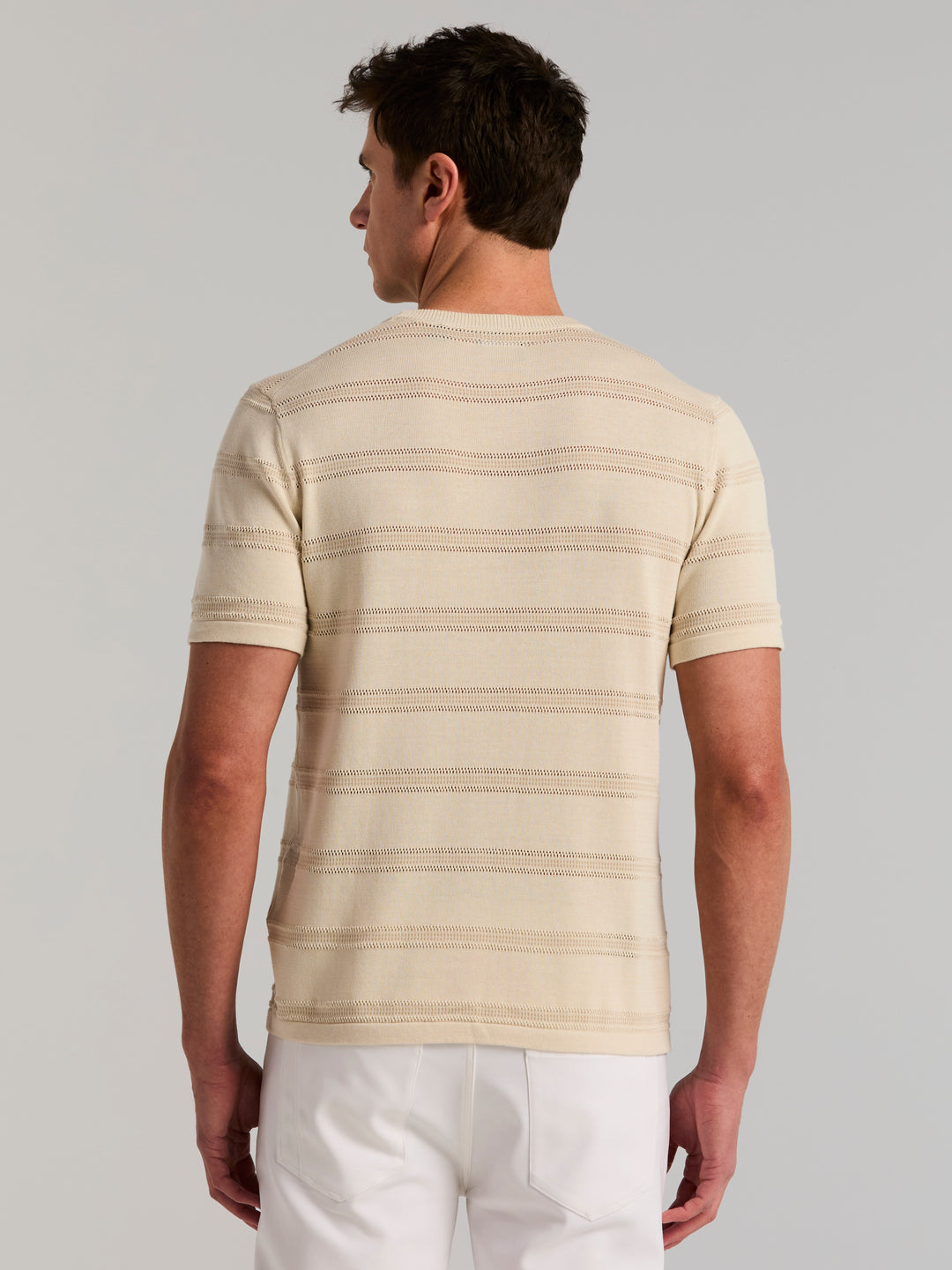 Cotton Mesh Texture Stripe Crew Neck Sweater (Silver Birch) 