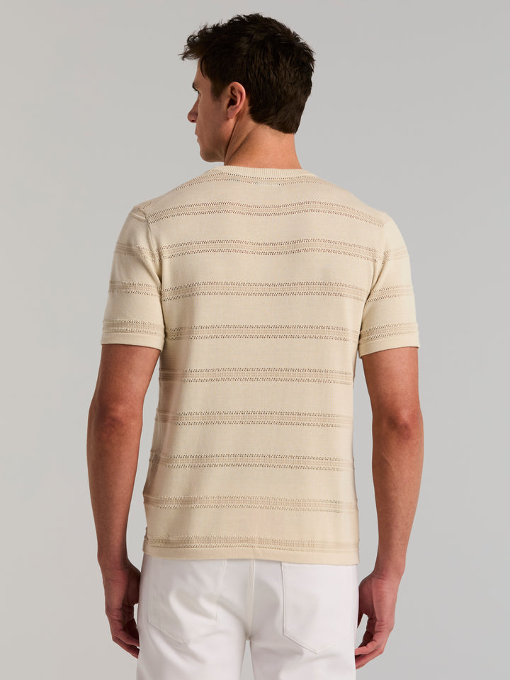 Cotton Mesh Texture Stripe Crew Neck Sweater (Silver Birch) 
