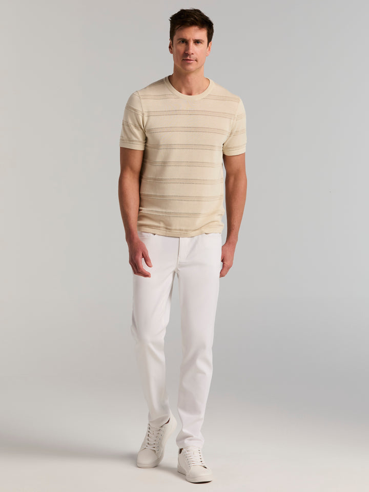 Cotton Mesh Texture Stripe Crew Neck Sweater (Silver Birch) 