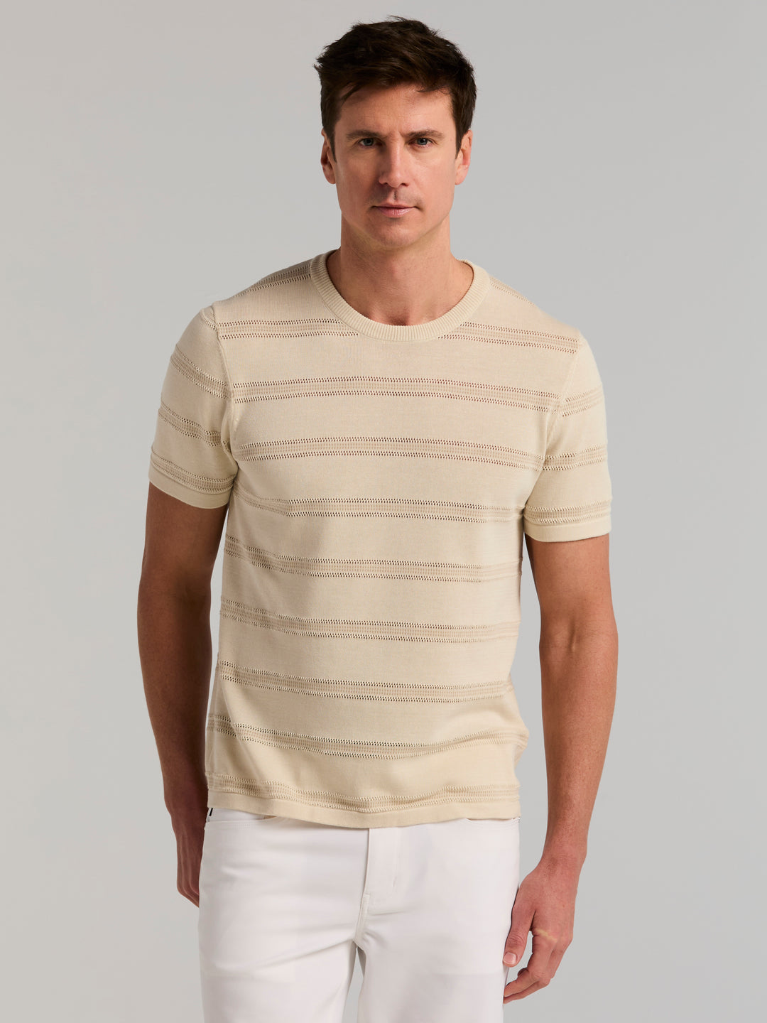 Cotton Mesh Texture Stripe Crew Neck Sweater (Silver Birch) 
