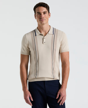 Cotton Mesh Vertical Stripe Print Button Polo (Moonstruck) 