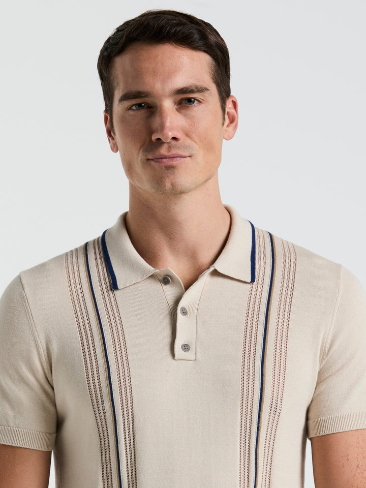 Cotton Mesh Vertical Stripe Print Button Polo (Moonstruck) 