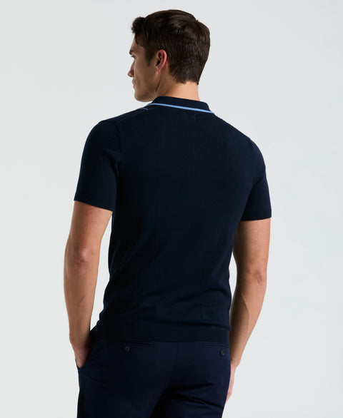 Cotton Mesh Vertical Stripe Print Button Polo (Dark Sapphire) 