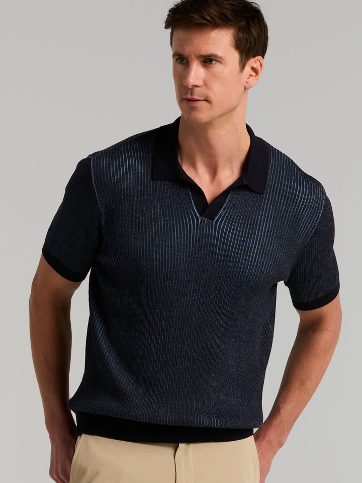 Cotton Modal Bi-Color Open Polo Sweater (Dark Sapphire) 