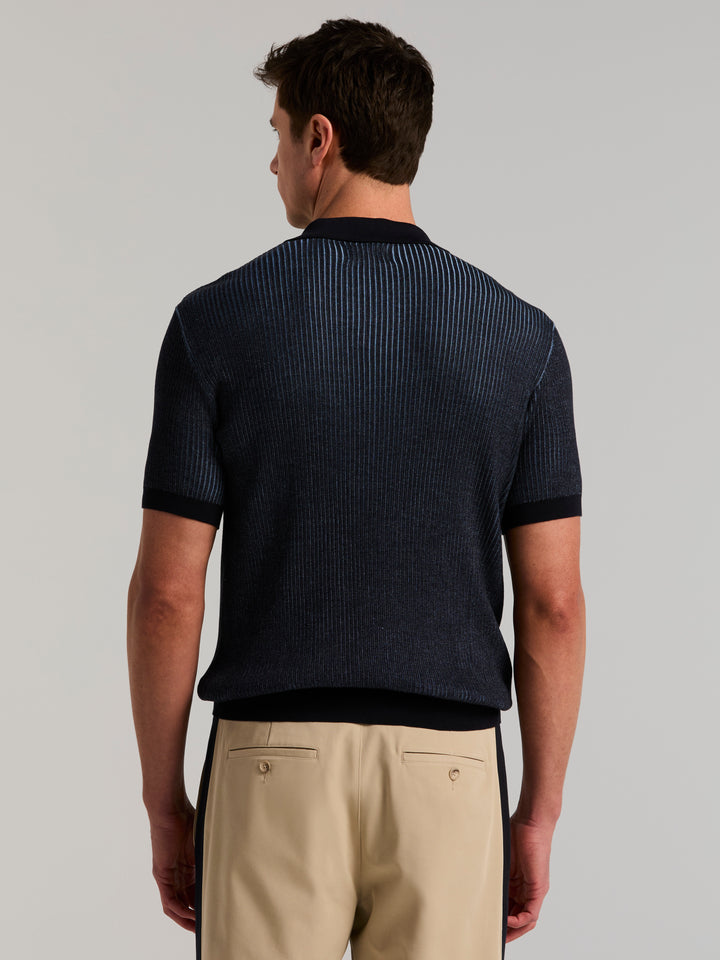 Cotton Modal Bi-Color Open Polo Sweater (Dark Sapphire) 