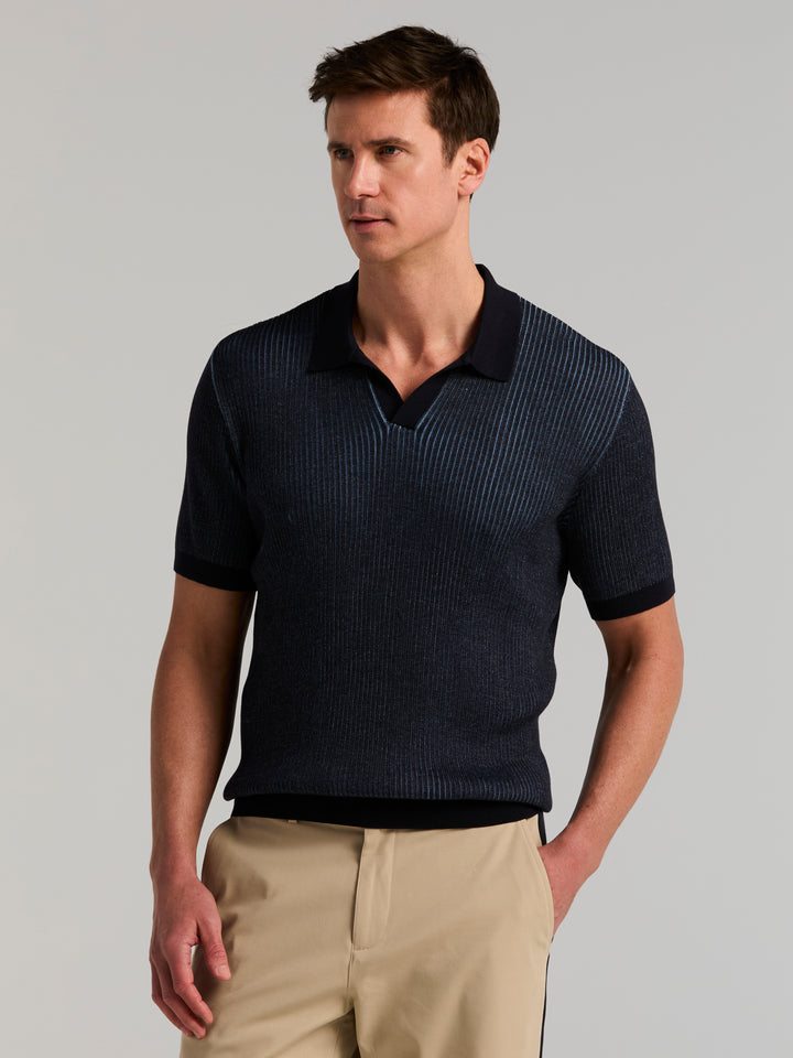 Cotton Modal Bi-Color Open Polo Sweater (Dark Sapphire) 
