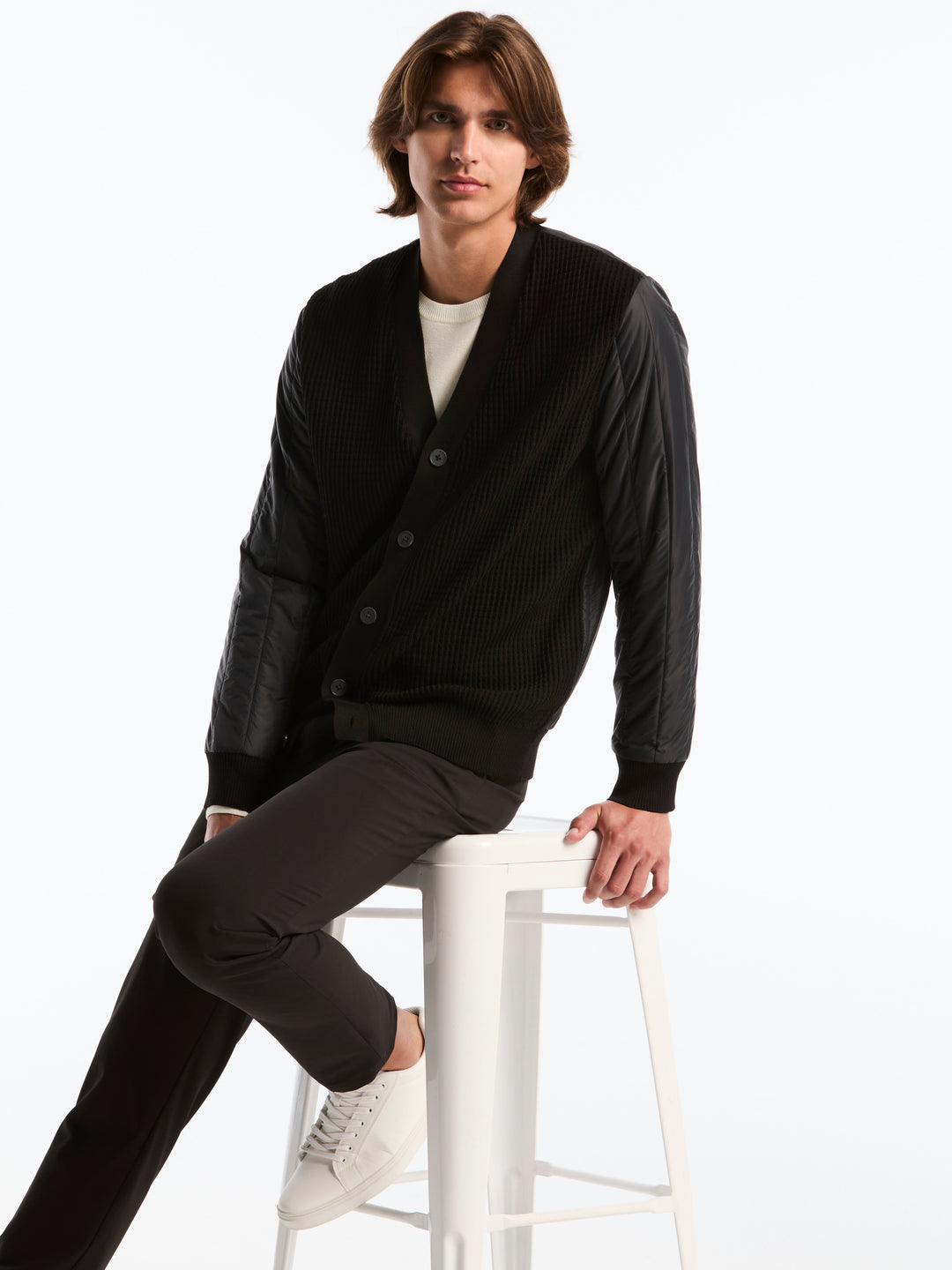 Long Sleeve Cotton Modal Button Cardigan (Black) 