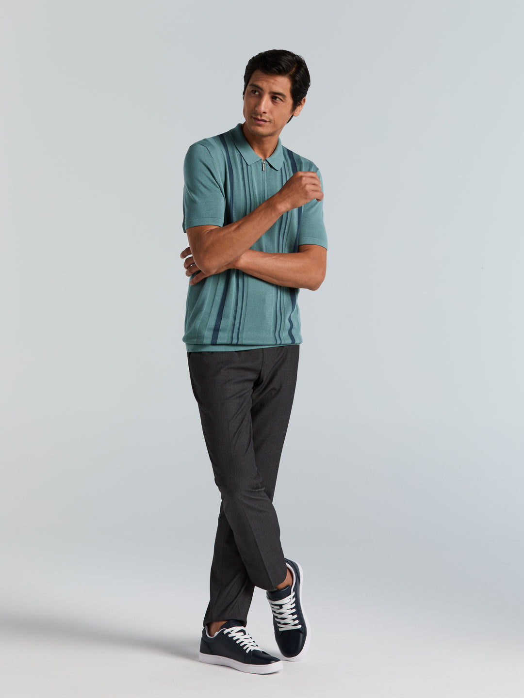 Cotton Modal Stripe Polo Sweater (Arctic) 