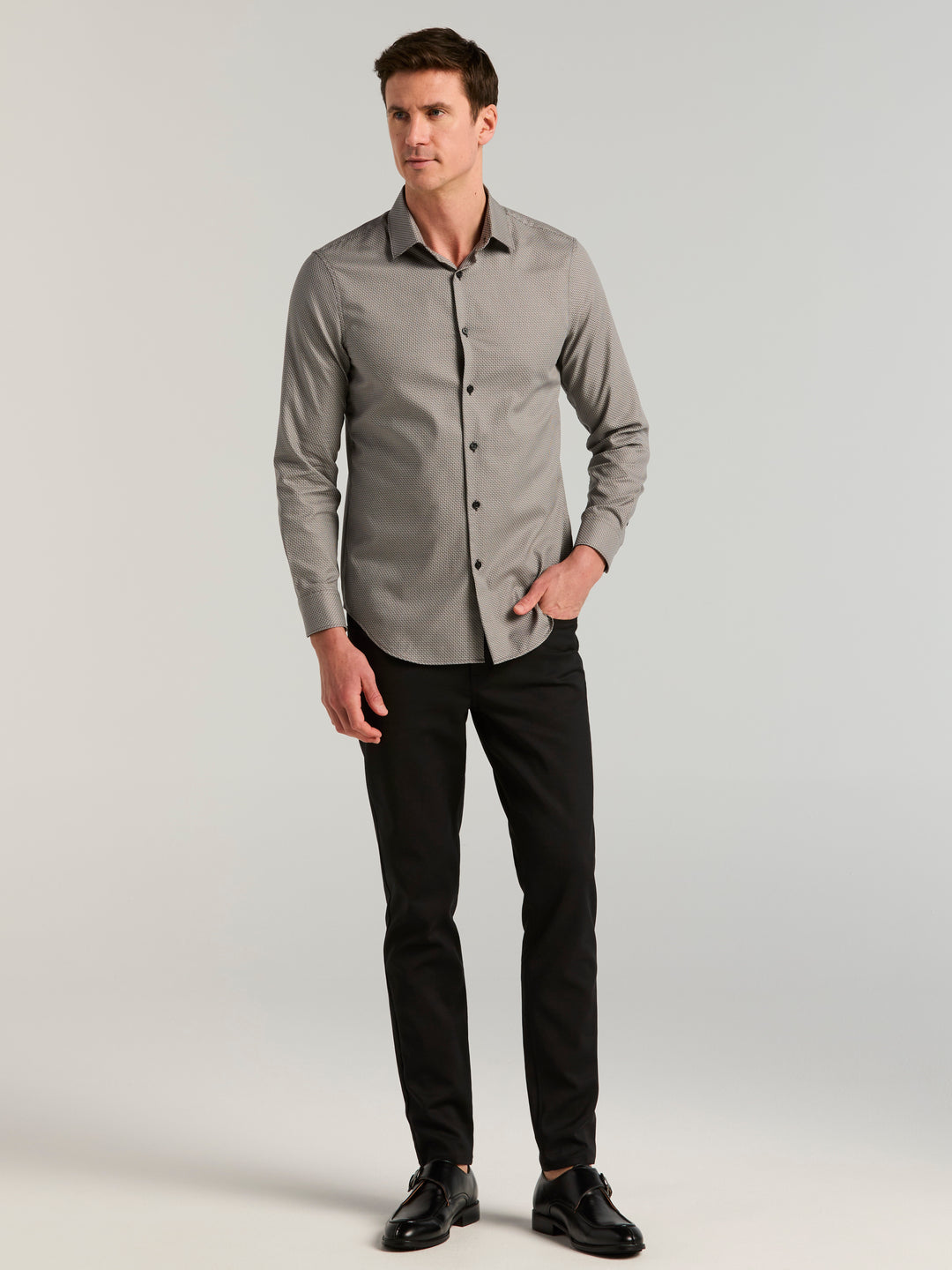 Short Sleeve Cotton Ombre Square Dobby Shirt (Black) 