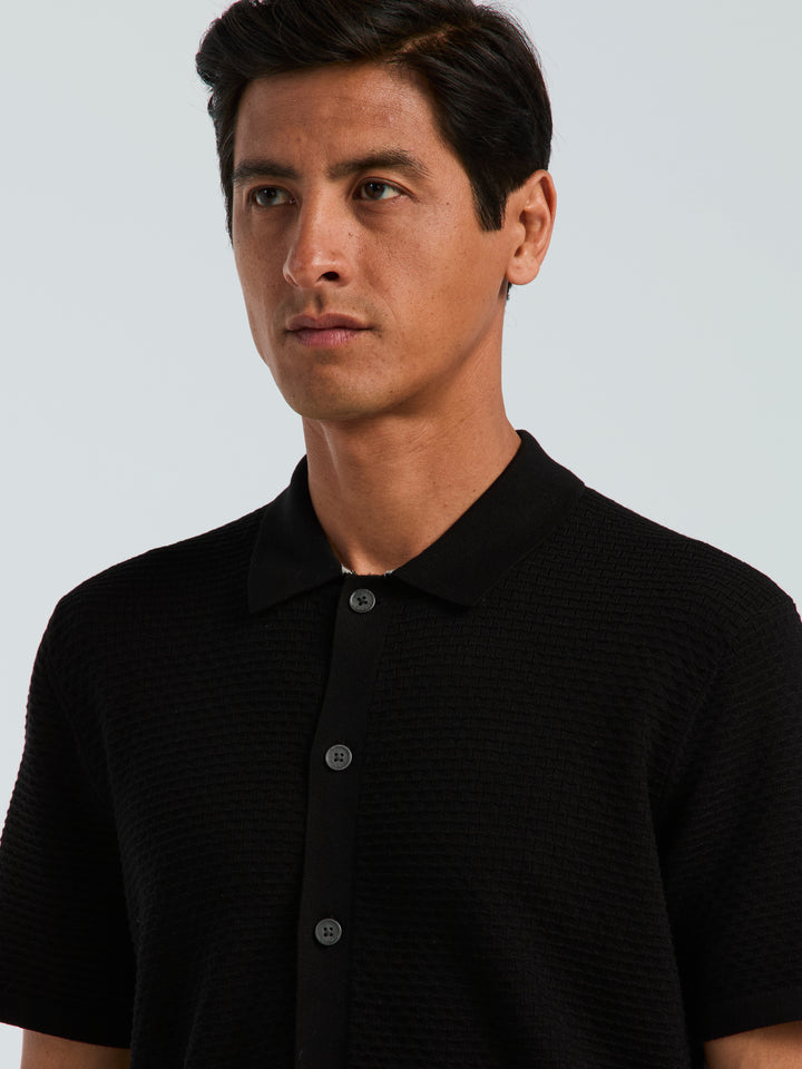 Cotton Wavy Stripe Button Front Polo Sweater (Black) 