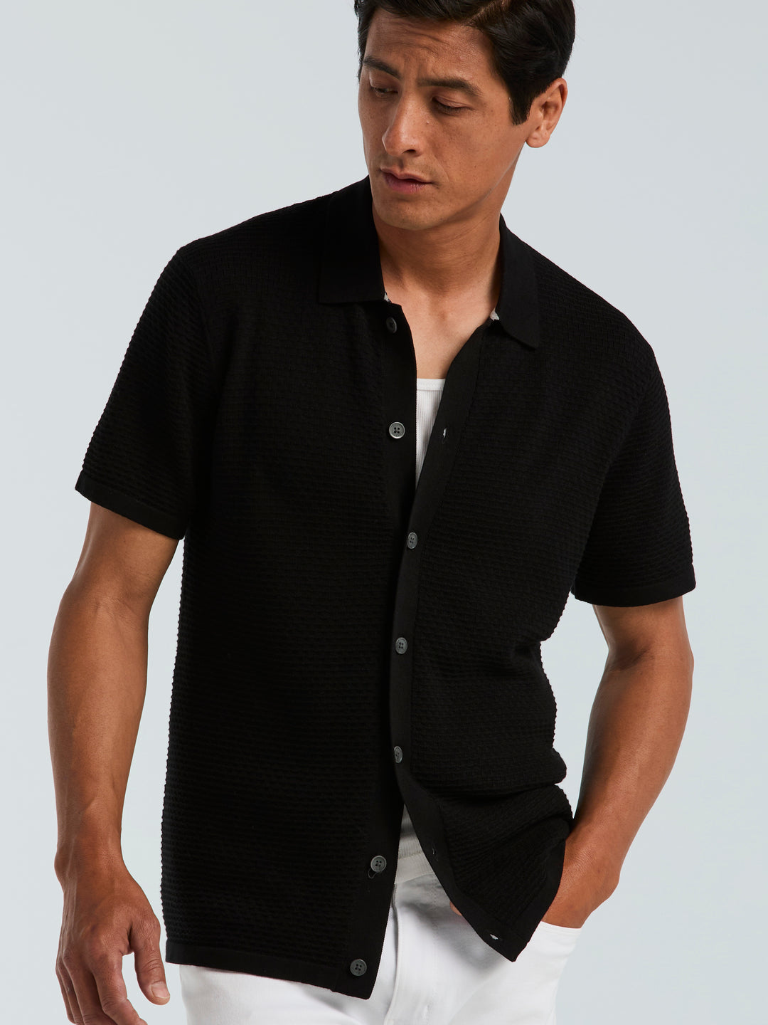 Cotton Wavy Stripe Button Front Polo Sweater (Black) 
