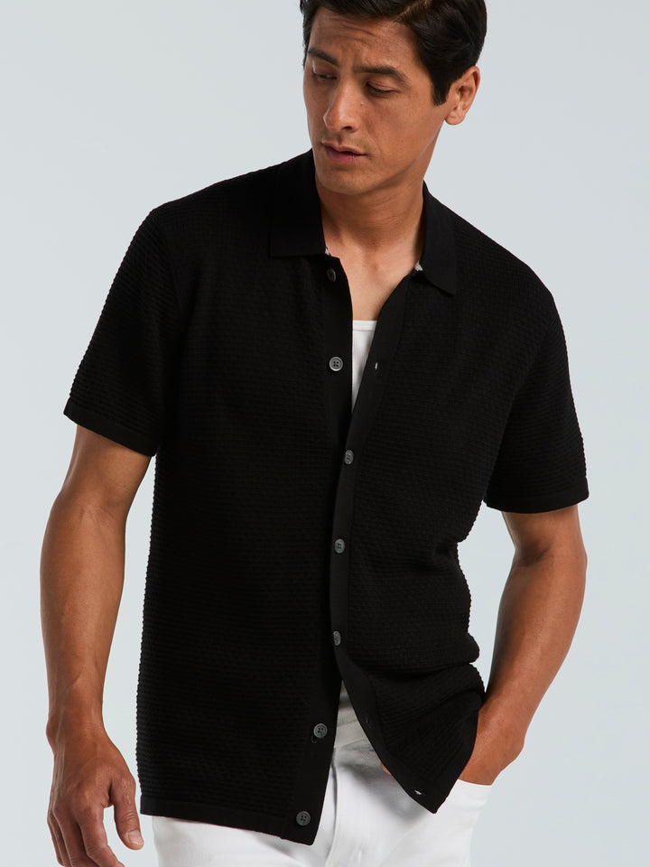 Cotton Wavy Stripe Button Front Polo Sweater (Black) 