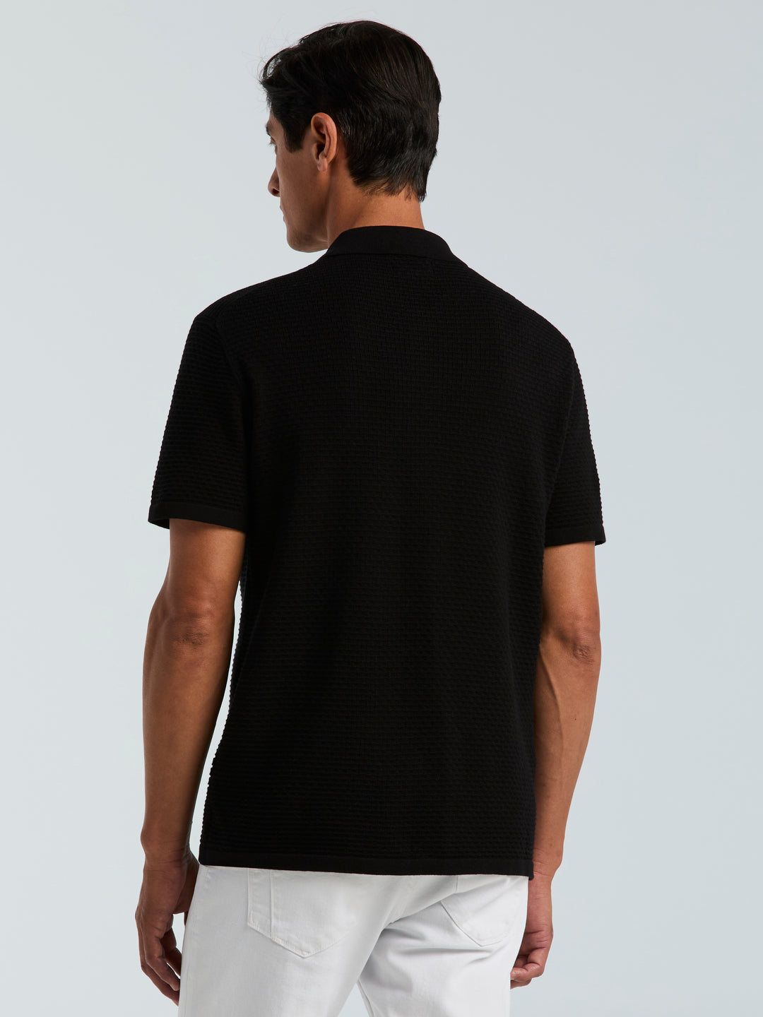 Cotton Wavy Stripe Button Front Polo Sweater (Black) 