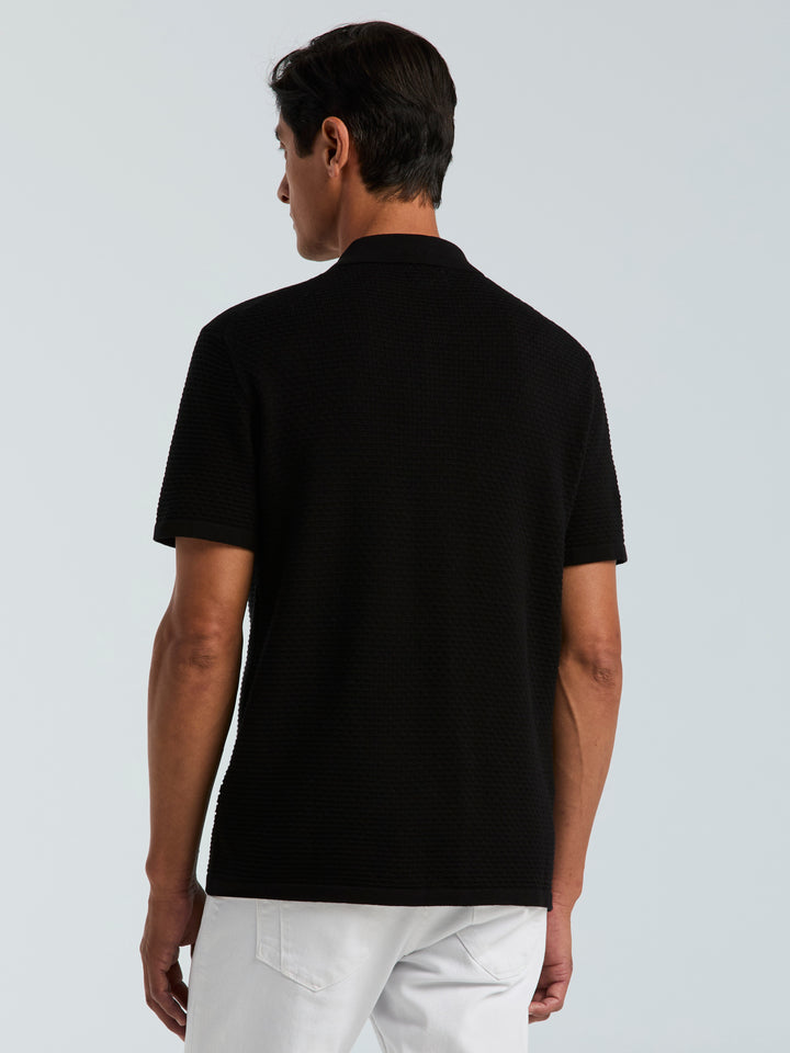 Cotton Wavy Stripe Button Front Polo Sweater (Black) 