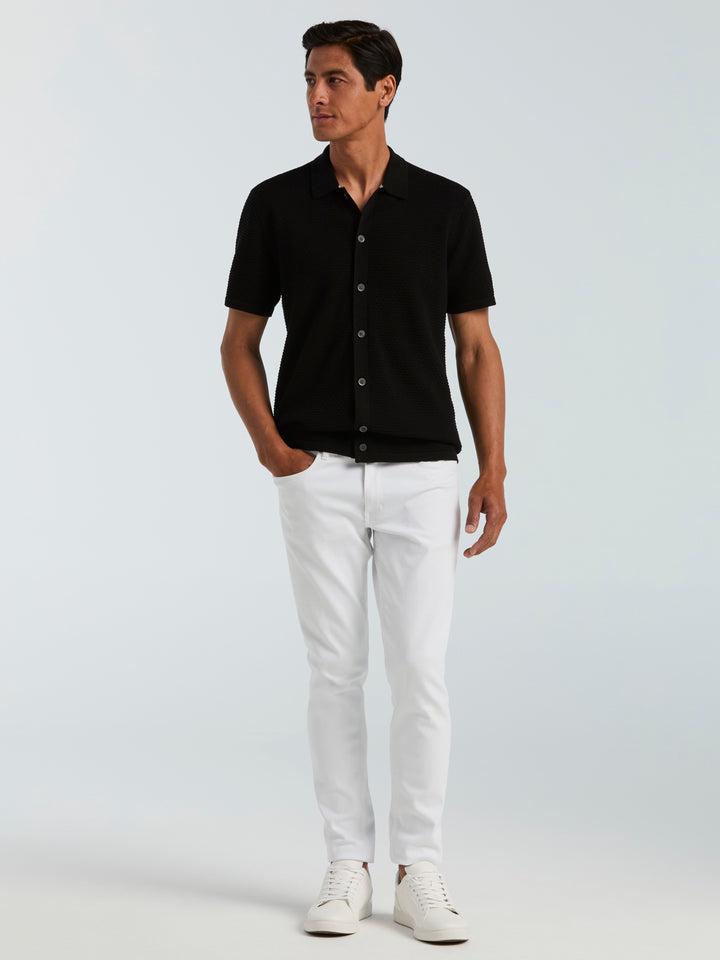 Cotton Wavy Stripe Button Front Polo Sweater (Black) 