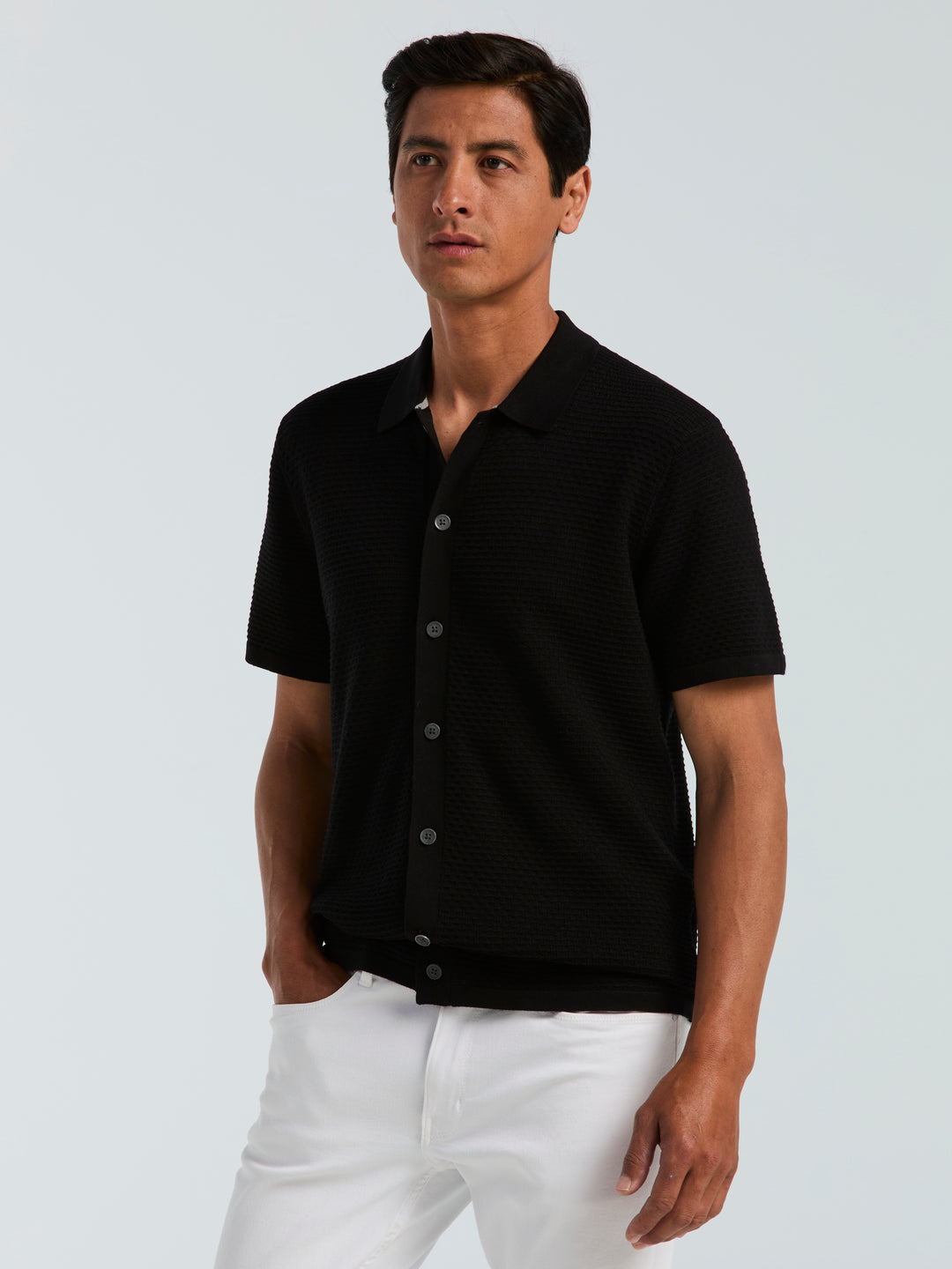 Cotton Wavy Stripe Button Front Polo Sweater (Black) 