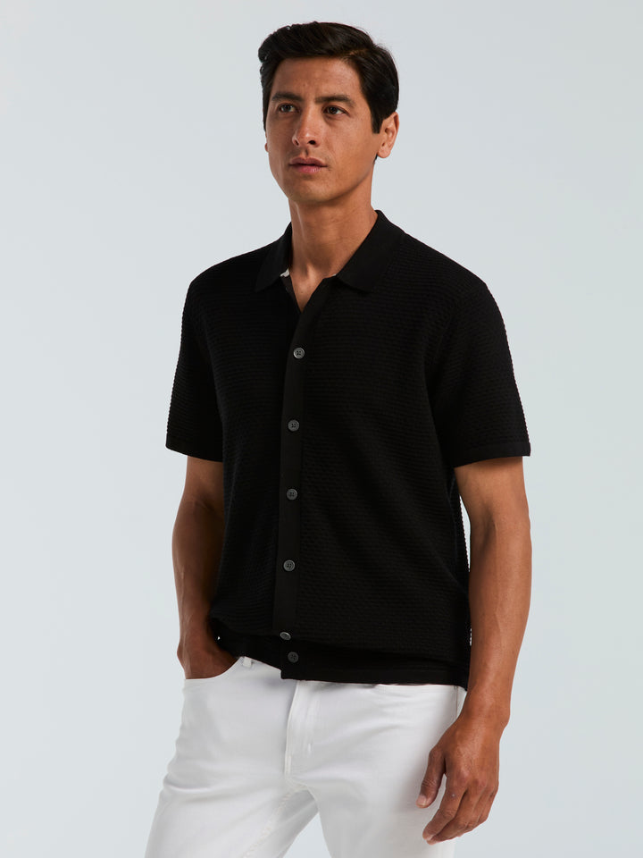 Cotton Wavy Stripe Button Front Polo Sweater (Black) 