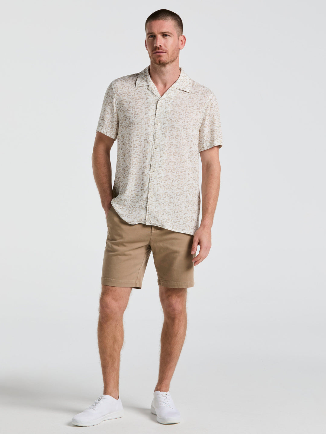 EcoVero™ Brushstroke Print Camp Collar Shirt (Bright White) 