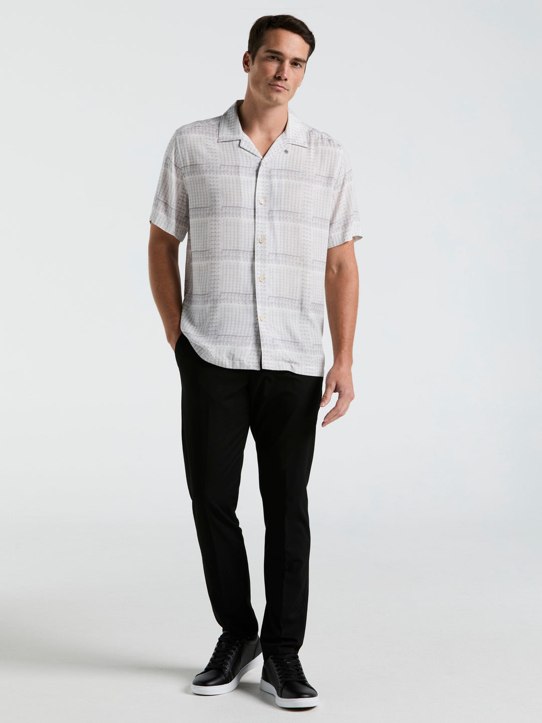 EcoVero™ Camp Collar Textured Print Shirt (Bright White) 
