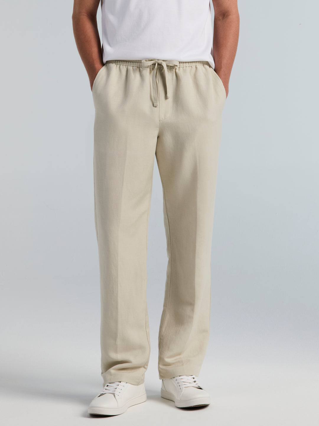 Perry Ellis Men's EcoVero Linen Blend Pull-On Drawstring Pants in Bright White, Size Large, Regular