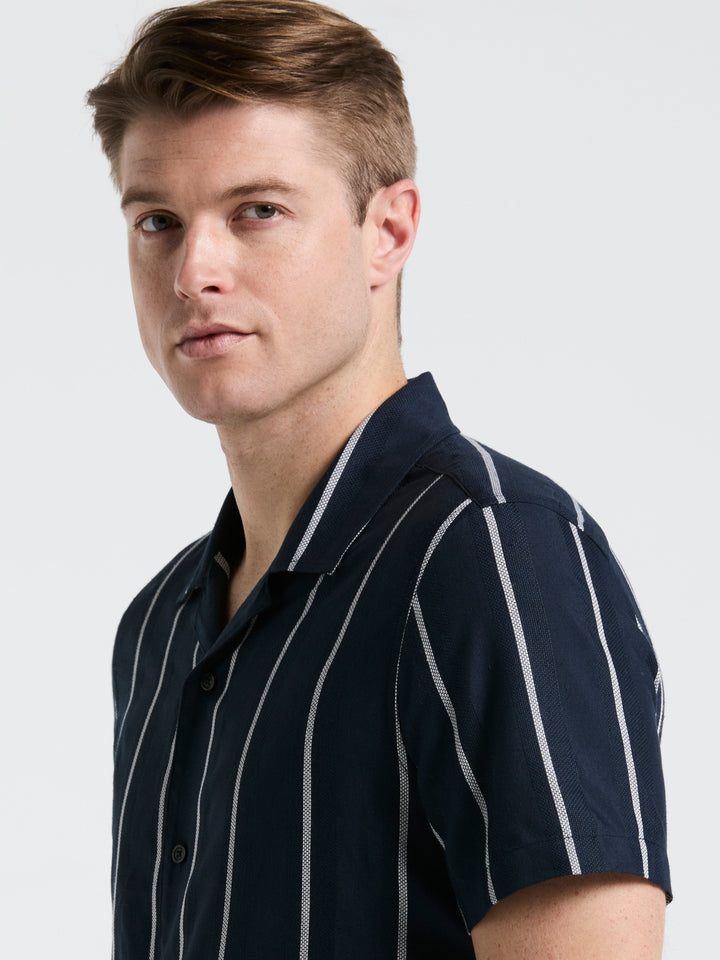 EcoVero™ Striped Camp Collar Shirt (Dark Sapphire) 