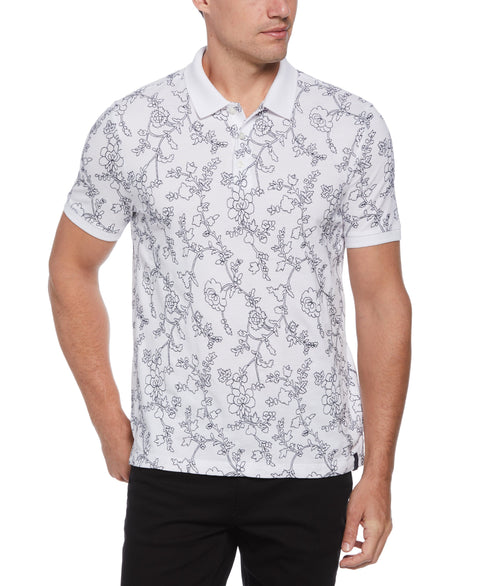Floral 3 Button Polo (Bright White) 