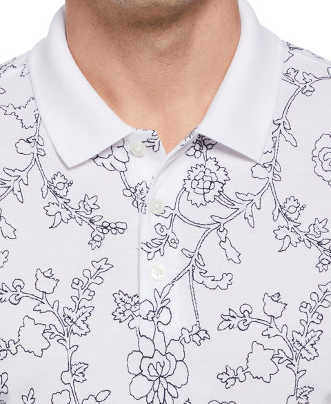 Floral 3 Button Polo (Bright White) 