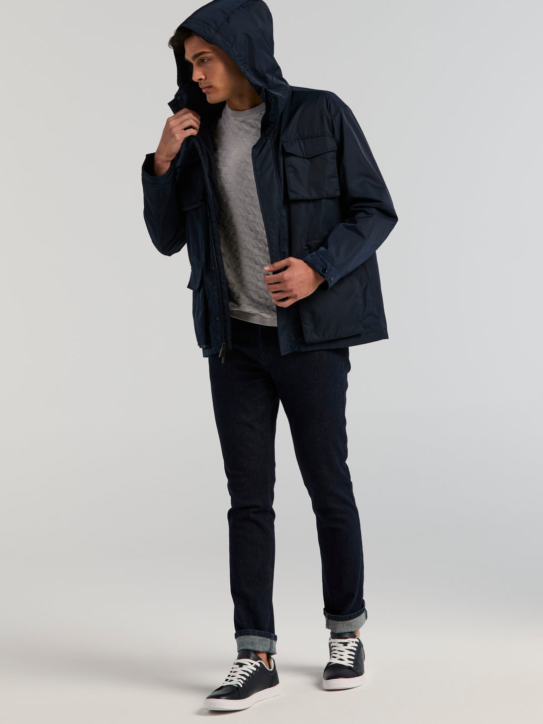 Four-Pocket Hooded Plain weave Jacket (Dark Sapphire) 