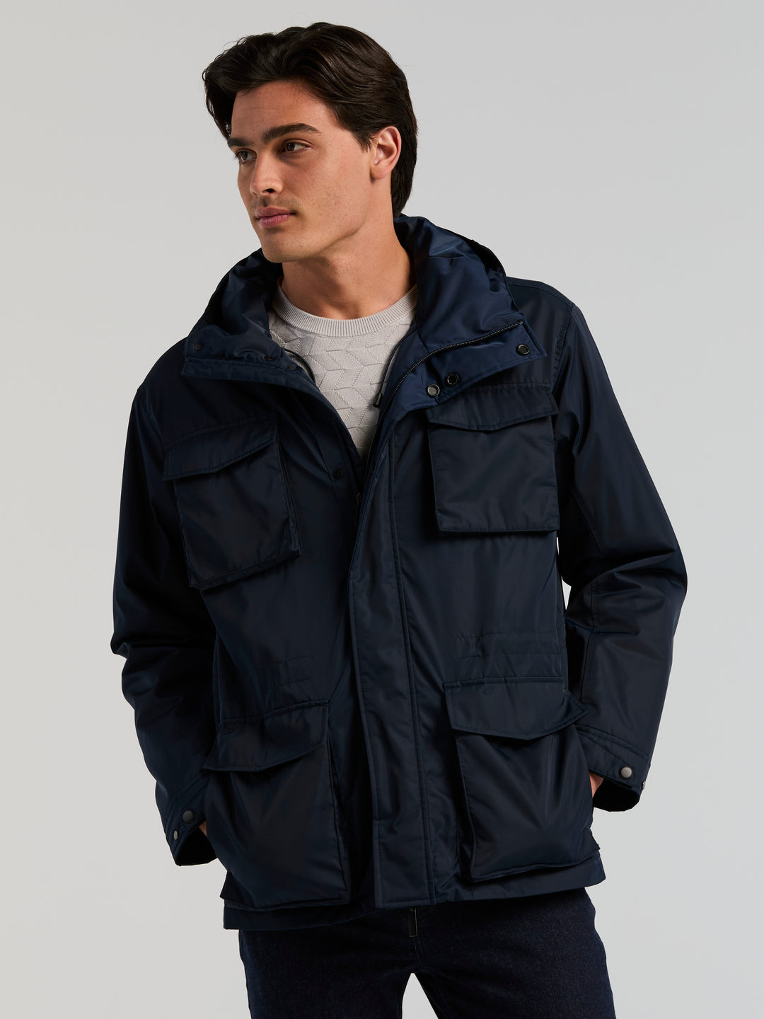 Four-Pocket Hooded Plain weave Jacket (Dark Sapphire) 