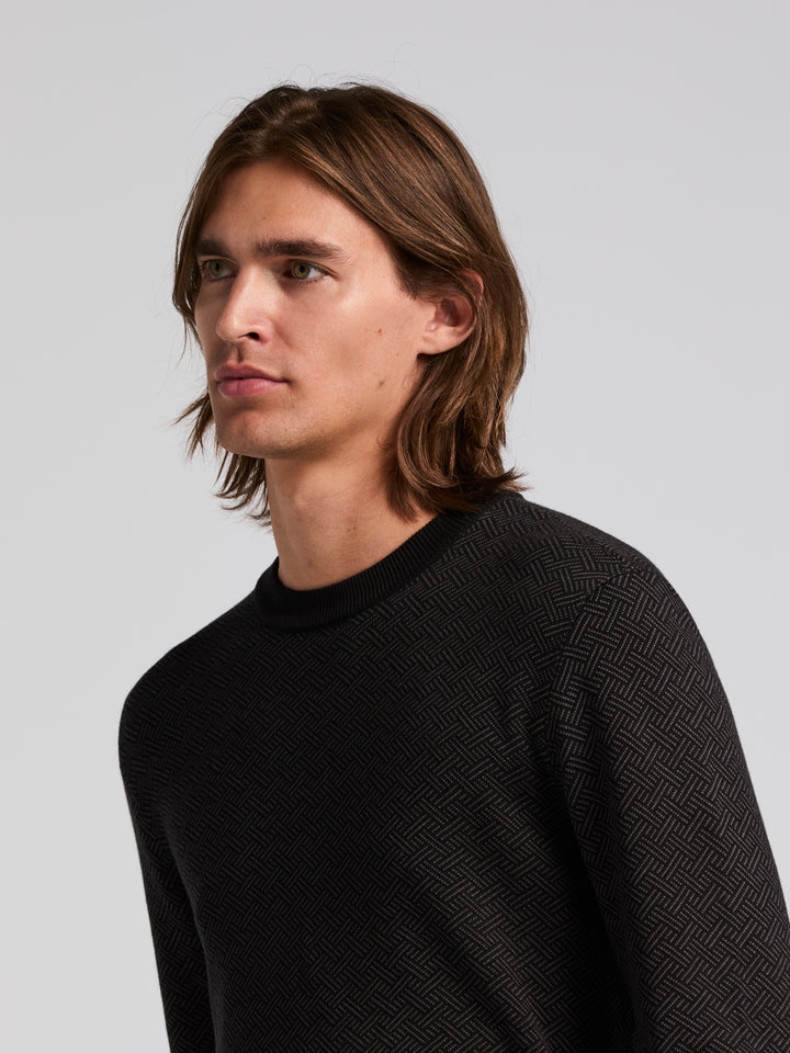 Long Sleeve Modal Geo Jacquard Crew Neck Sweater (Black) 