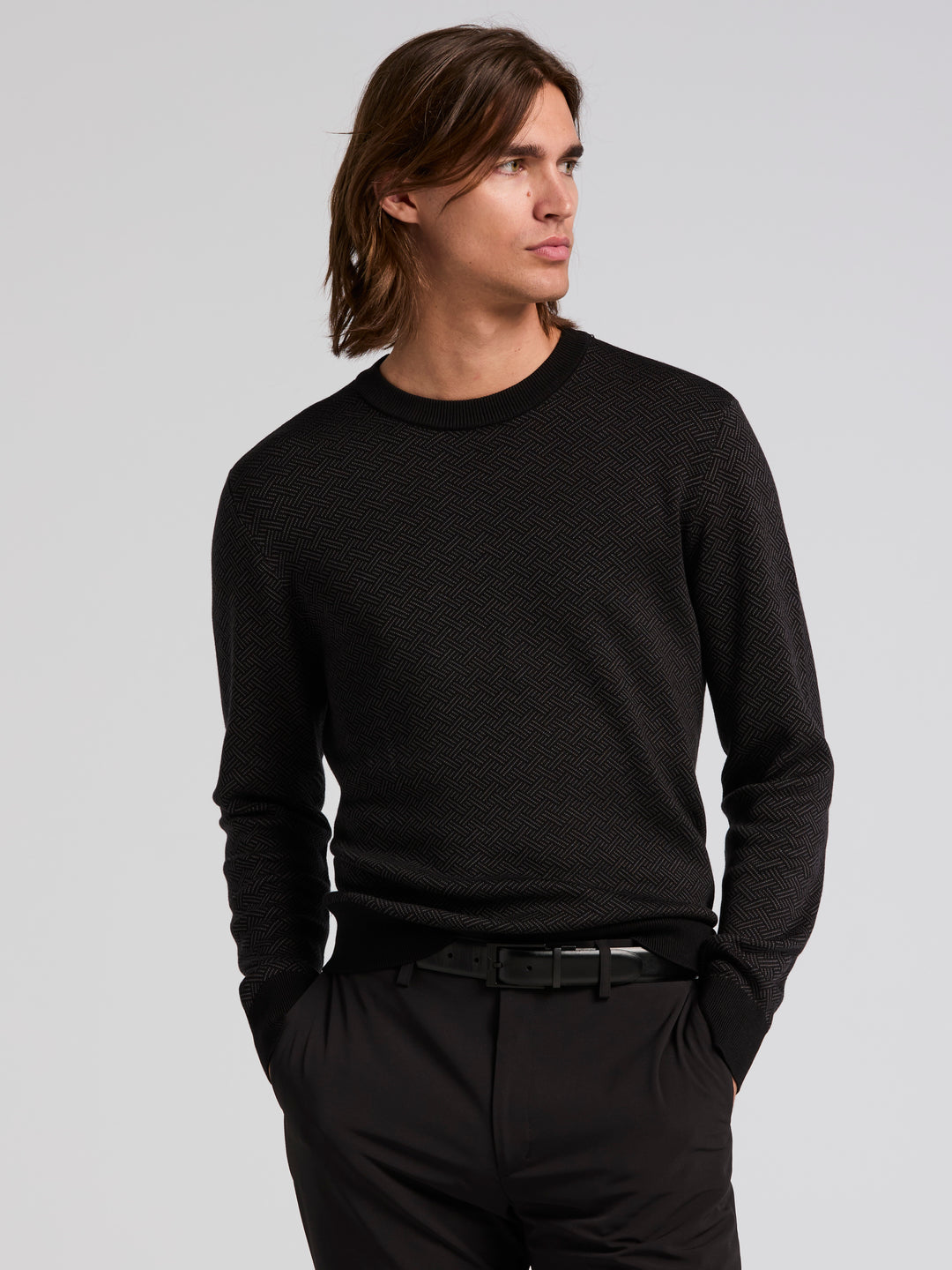 Long Sleeve Modal Geo Jacquard Crew Neck Sweater (Black) 