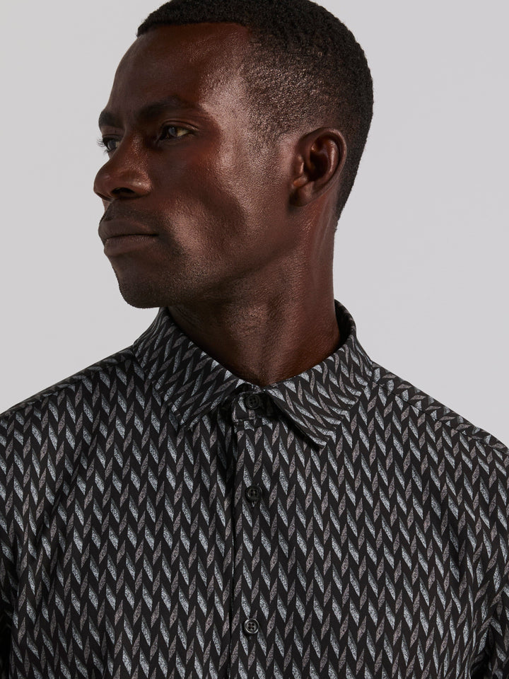 Geo Print Slim Fit Long Sleeve Shirt (Black) 