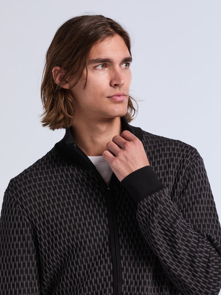 Geometric Jacquard Full Zip Sweater (Black) 