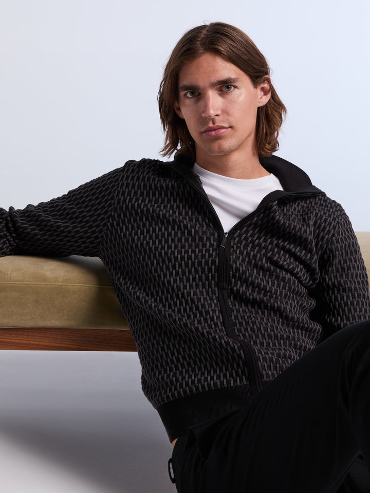 Geometric Jacquard Full Zip Sweater (Black) 