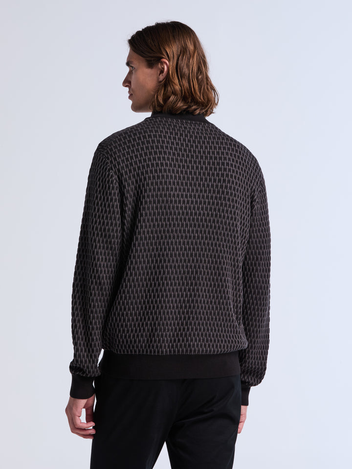 Geometric Jacquard Full Zip Sweater (Black) 
