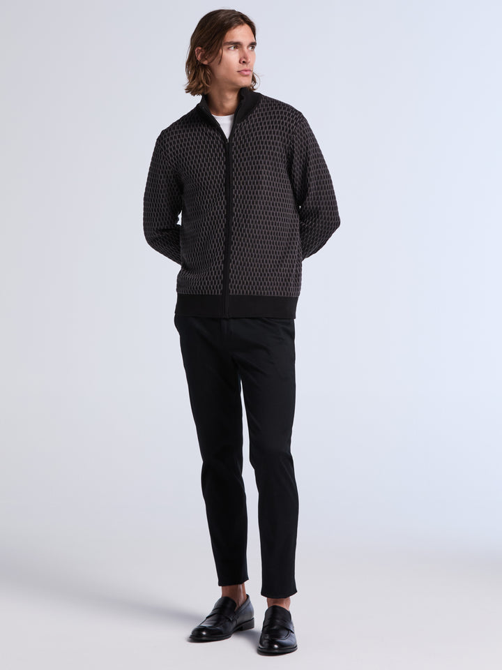 Geometric Jacquard Full Zip Sweater (Black) 