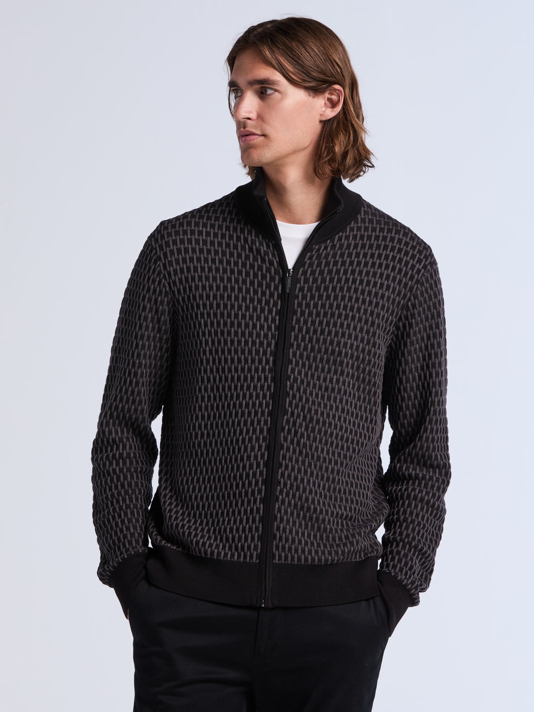 Geometric Jacquard Full Zip Sweater (Black) 