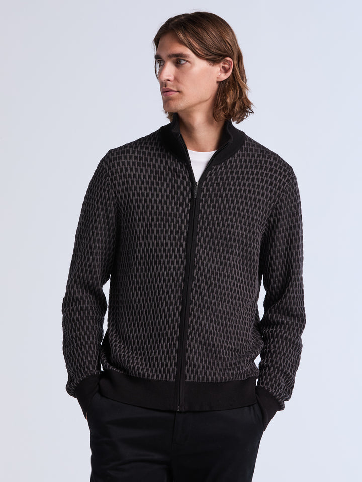 Geometric Jacquard Full Zip Sweater (Black) 