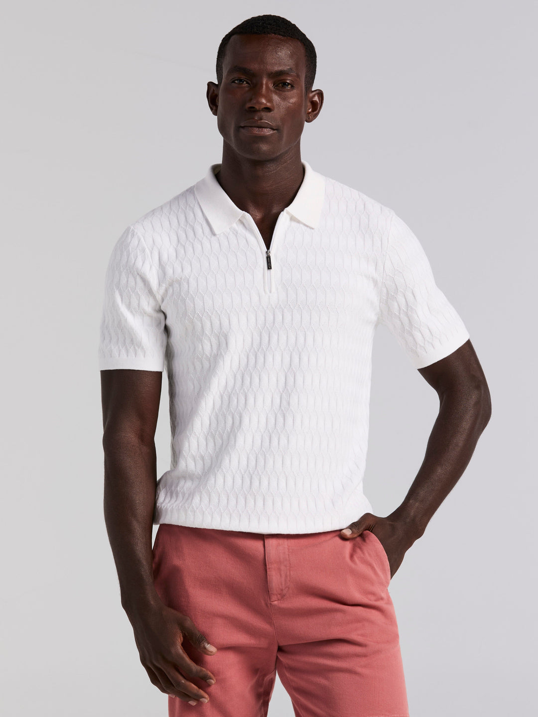 Geometric Pattern Zip Polo Sweater (Bright White) 