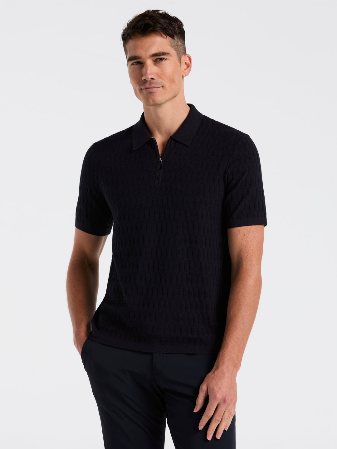 Geometric Pattern Zip Polo Sweater (Dark Sapphire) 