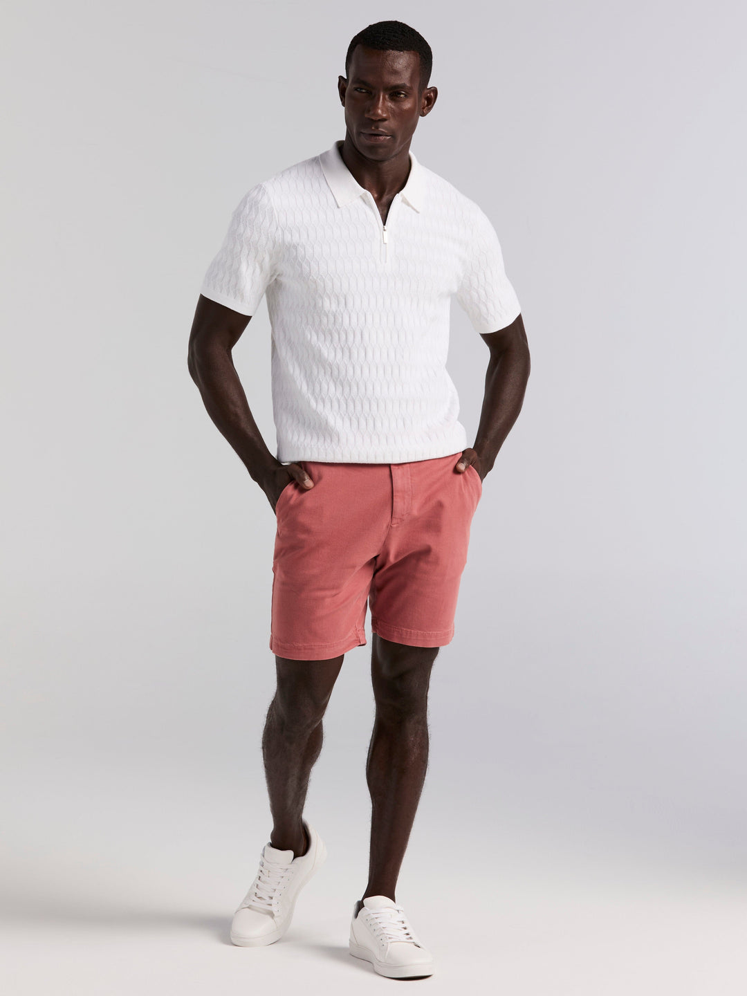 Geometric Pattern Zip Polo Sweater (Bright White) 