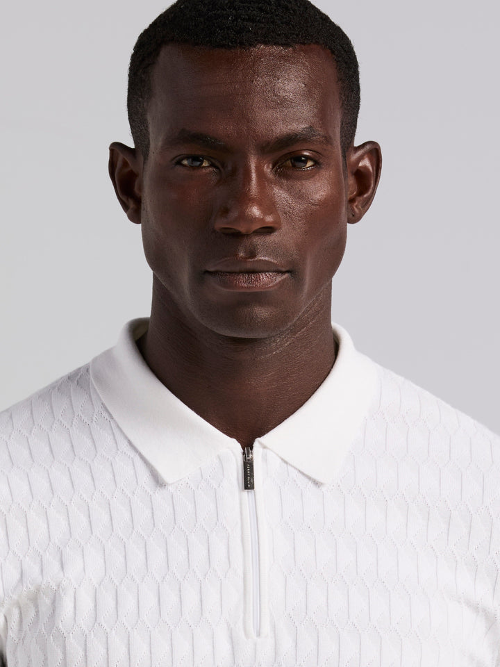 Geometric Pattern Zip Polo Sweater (Bright White) 