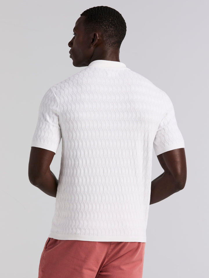Geometric Pattern Zip Polo Sweater (Bright White) 