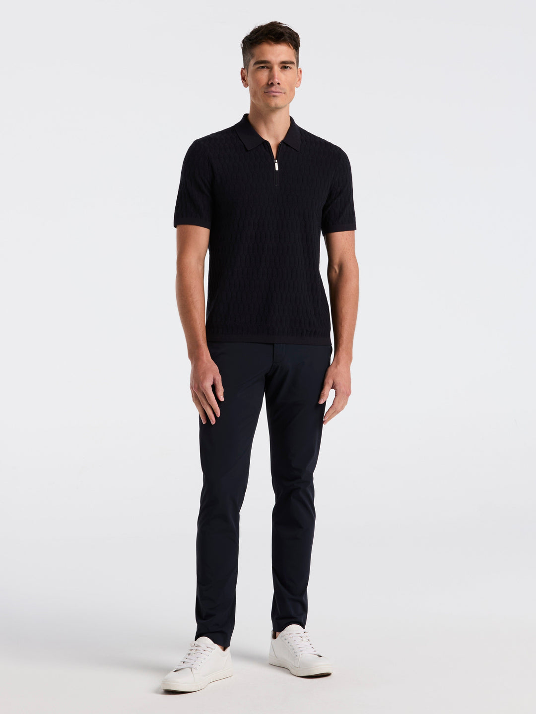 Geometric Pattern Zip Polo Sweater (Dark Sapphire) 