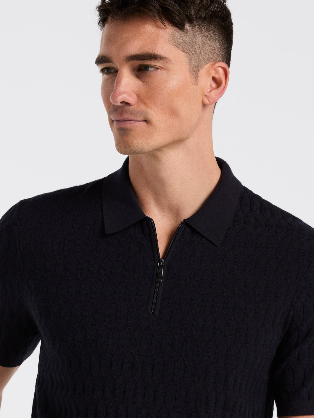 Geometric Pattern Zip Polo Sweater (Dark Sapphire) 