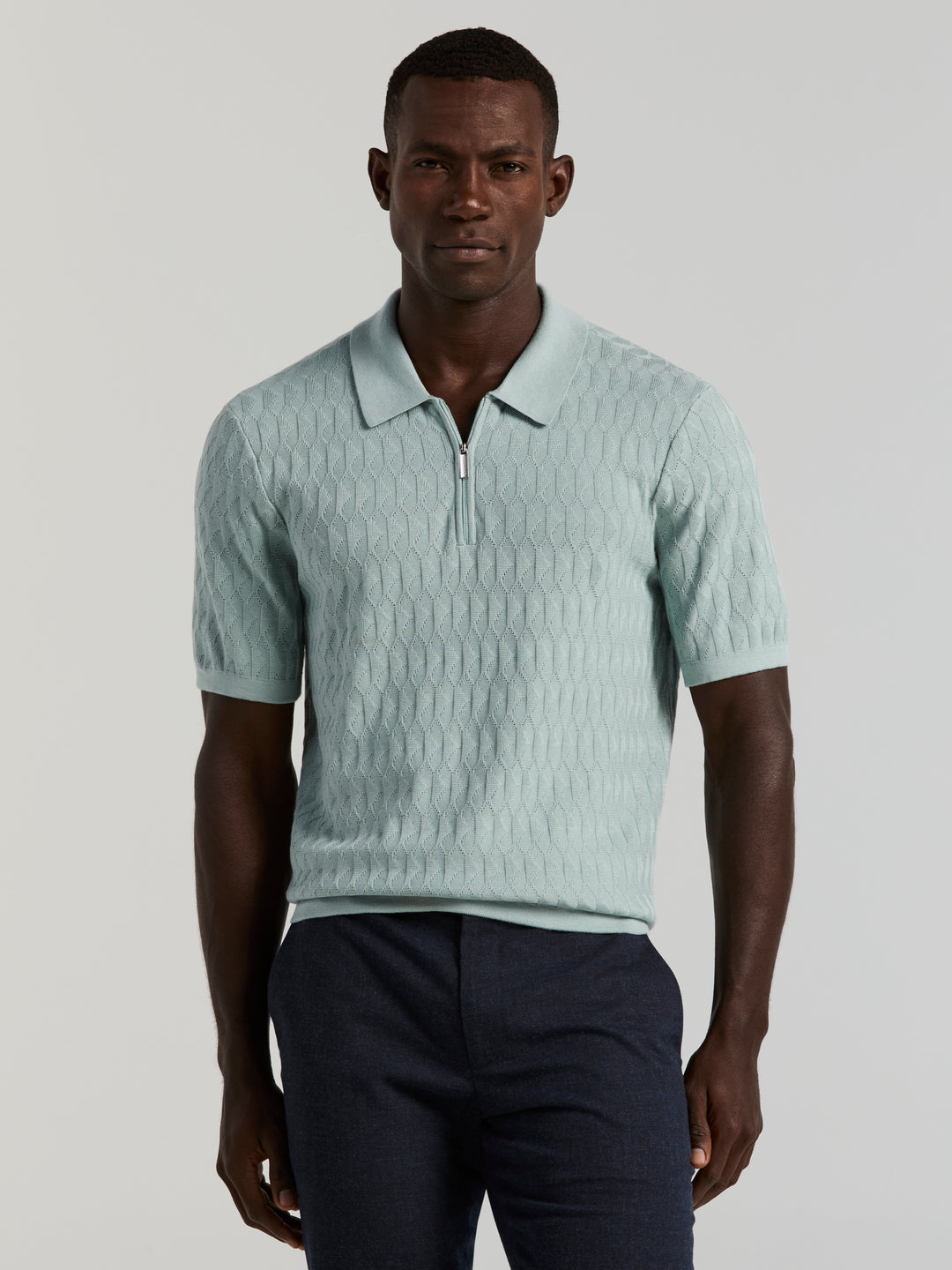 Geometric Pattern Zip Polo Sweater (Cloud Blue) 