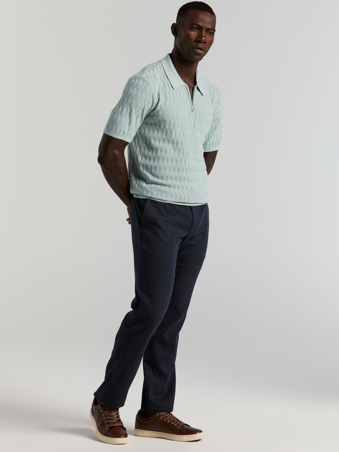 Geometric Pattern Zip Polo Sweater (Cloud Blue) 