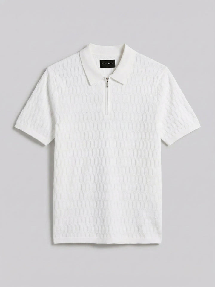 Geometric Pattern Zip Polo Sweater (Bright White) 