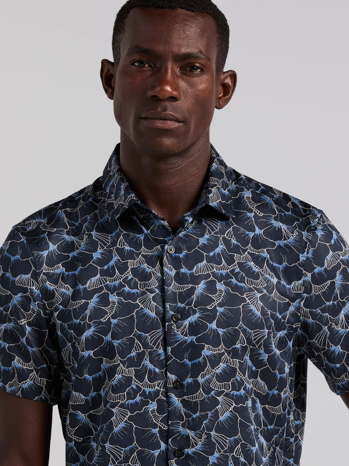 Ginko Print Short Sleeve Shirt (Dark Sapphire) 