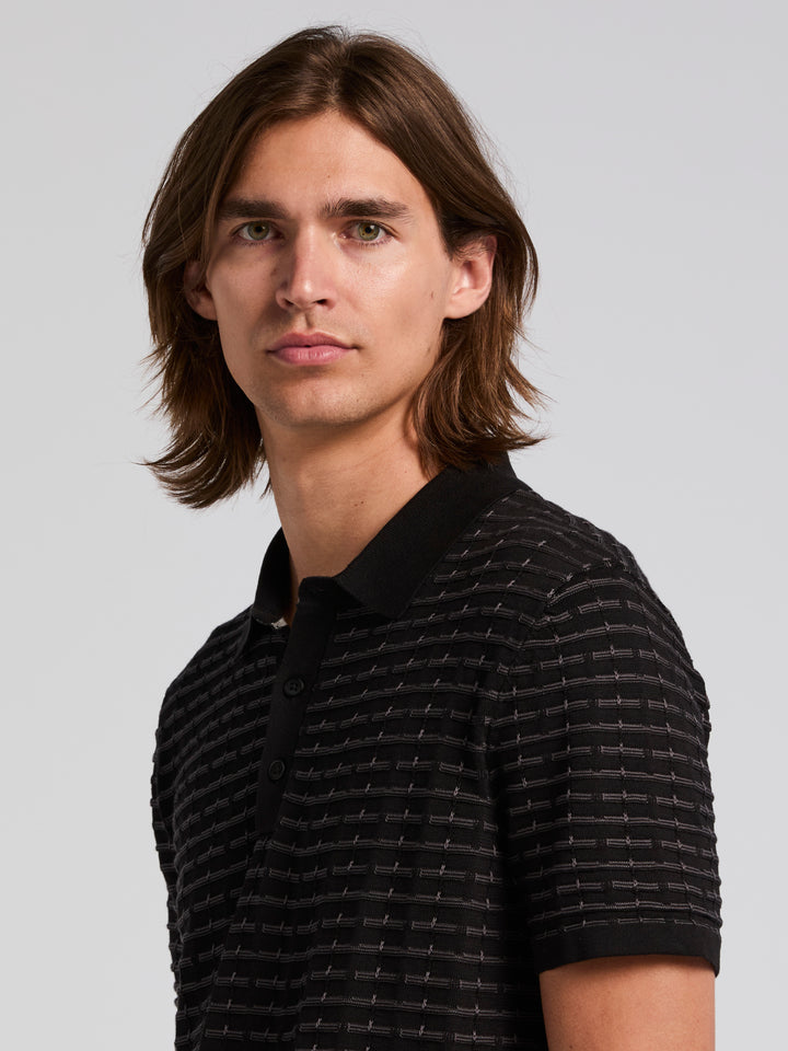 Short Sleeve Cotton Modal Grid Jacquard Polo Sweater (Black) 